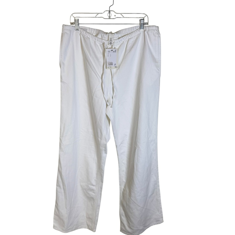 H&M Straight High Waist Pants Women Large White NWT Tencel Cotton Drawstring